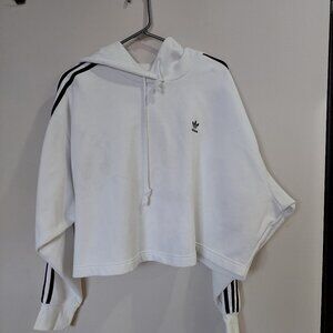 Adidas Women's 2X White Cropped Hoodie with Black Stripes Cotton Blend
